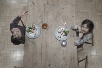 Верхний портрет сестры и брата, обедающих за кухонным столом — стоковое фото