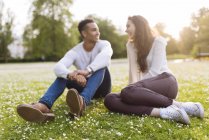 Young couple sitting on grass face to face smiling — Stock Photo