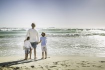 Vue arrière du père et des fils tenant la main sur la plage — Photo de stock