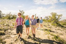 Adolescente y amigos adultos caminando en pista de tierra, Bridger, Montana, EE.UU. - foto de stock