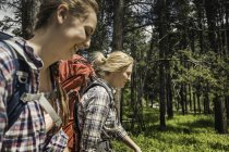 Девочка-подросток и девушка-туристка, совершающая пеший поход в лесу, Красный домик, Монтана, США — стоковое фото