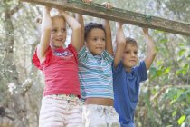 Tres niños mirando hacia el jardín - foto de stock