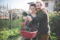 Young couple with basket of homegrown vegetables — Stock Photo