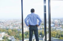Vista trasera del hombre de negocios mirando desde la ventana de la oficina al paisaje urbano de Bruselas, Bélgica - foto de stock