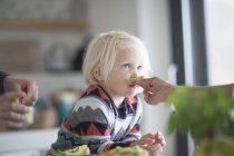 Cropped image of mother giving boy smelling fresh herbs — Stock Photo