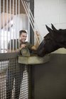 Чоловіча стабільна рука годує коня через дверний проріз у стайні — стокове фото