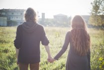 Молода пара тримає руки в полі на сонячному світлі — стокове фото