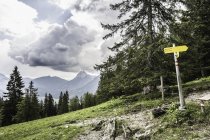 Hilly landscape and direction sign, Achenkirch, Austria — Stock Photo