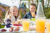 Sorella e fratello bere succo di frutta al tavolo da barbecue in giardino — Foto stock