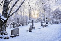 Vue des pierres tombales dans le cimetière couvert de neige au crépuscule, Hemavan, Suède — Photo de stock