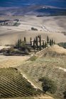 Distant view of farmhouse in agricultural landscape, Siena, Valle D 'Orcia, Tuscany, Italy — стоковое фото