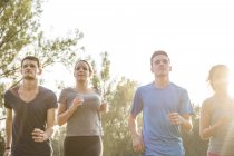 Group of friends running outdoors in rural environment — Stock Photo
