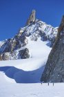 Далекий взгляд трех лыжников на массив Монблан, Граанские Альпы, Франция — стоковое фото