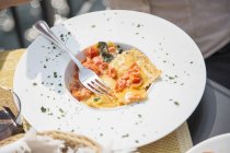 Plate of fresh ravioli portion with fork — Stock Photo