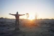 Задний вид человека с распростертыми руками на солнечной сельской зимней сцене — стоковое фото