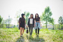 Tres amigas jóvenes paseando por el parque - foto de stock