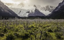 Valley landscape with low cloud over snow capped mountains in Los Glaciares National Park, Patagonia, Argentina — Stock Photo