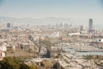 Elevated view of coastal marina and yachts, Barcelona, Spain — Stock Photo