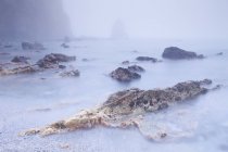 Majestätischer natürlicher Blick auf Nebelschwaden über felsigen Strand — Stockfoto
