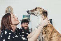 Young woman with boyfriend petting dog in apartment — Stock Photo
