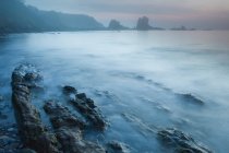 Туман котиться над кам'янистим пляжем — стокове фото