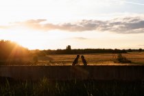 Silhouette di coppia seduta sul muro — Foto stock