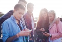 П'ять молодих дорослих друзів дивляться на смартфони в сонячному місті — стокове фото