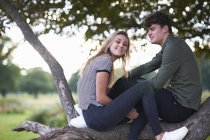 Portrait of young couple sitting on tree branch in field — Stock Photo