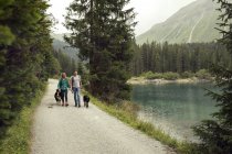 Pareja con perros senderismo por el lago, Tirol, Steiermark, Austria, Europa - foto de stock