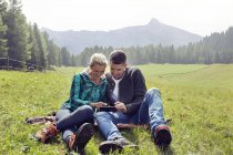 Pareja sentada en el campo mirando el teléfono inteligente, Tirol, Steiermark, Austria, Europa - foto de stock