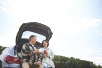 Couple d'âge mûr près de voiture tenant des tasses en étain — Photo de stock