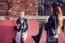 Zwei junge Freundinnen reden auf der Straße — Stockfoto