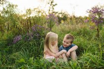 Menino e menina sentados na grama alta juntos — Fotografia de Stock