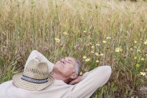 Hombre con las manos detrás de la cabeza acostado en el prado de flores silvestres - foto de stock