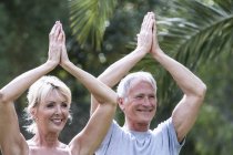 Пара, руки вместе, руки подняты в положении йоги — стоковое фото