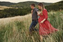 Couple enceinte se promenant sur la colline — Photo de stock