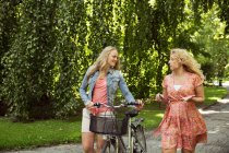 Friends walking with bicycles chatting — Stock Photo