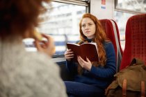 Two young women sitting in train — Stock Photo