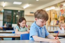 Schoolboy counting writing in classroom lesson at primary school — Stock Photo