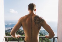 Joven tatuado mirando desde la plataforma de observación, Lago de Como, Lombardía, Italia - foto de stock