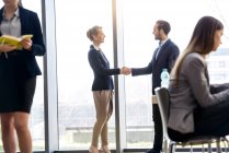 Businesswoman and man shaking hands by office window — Stock Photo