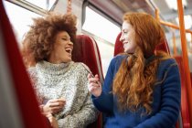 Дві жінки-друзі сміються в поїзді — стокове фото