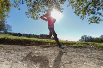Зрелый бегун, бегущий по освещенной солнцем сельской грязи — стоковое фото