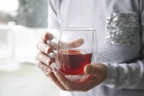 Imagen recortada de Mujer sosteniendo vaso de té rojo en casa - foto de stock