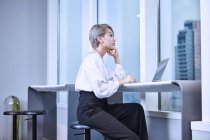 Empresária usando laptop no escritório moderno — Fotografia de Stock