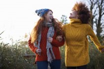 Mujeres jóvenes riendo en un entorno rural - foto de stock