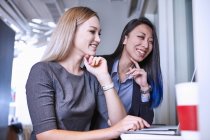 Colleagues using laptop smiling — Stock Photo