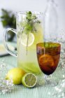 Jug and glass of lemon and lime cordial, with fresh fruit and ice, close-up — Stock Photo