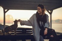Woman stroking cat on bench at sunset — Stock Photo