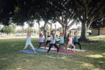 Школьницы практикуют йогу в одной позе на школьной спортивной площадке — стоковое фото
